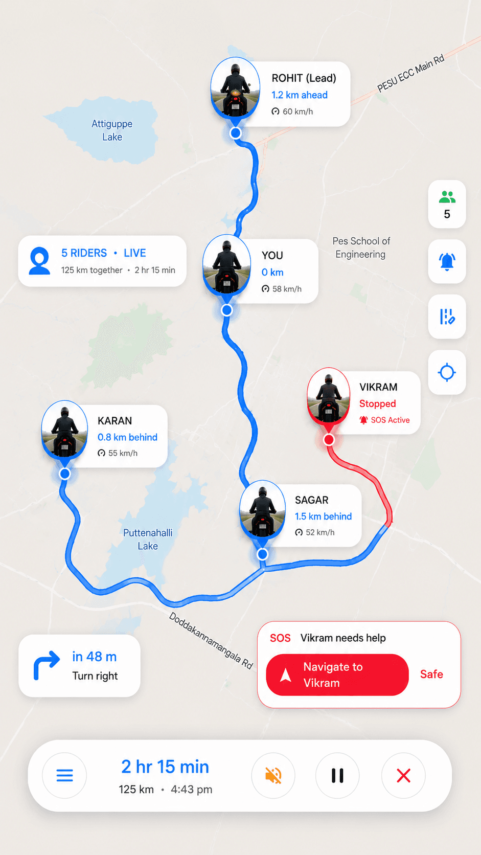 Live group ride with one-tap SOS - see who's ahead, behind, and who needs help